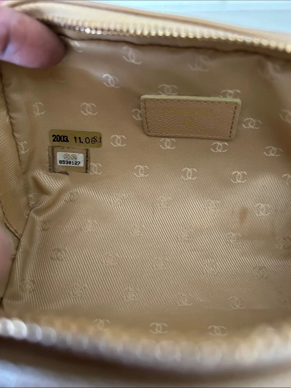 CHANEL Beige Pebbled Leather Cosmetic Case with CC Medallion -Great Condition